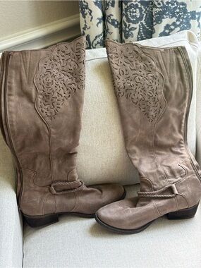 Tall Taupe Suede Women's Boots - Stylish Cutout Detail